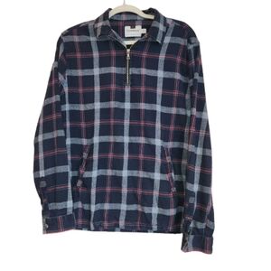 Topman 1/4 Zip Blue/Red/Green Flannel Shirt Size M Pockets Button Cuffs Collared